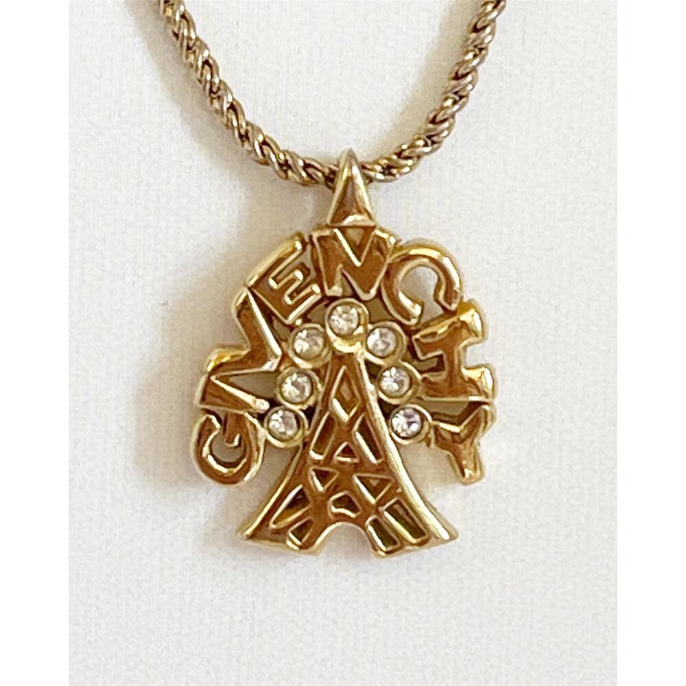 GIVENCHY Eiffel Tower Gold Necklace Vintage Accessory Pendant Logo Rhinestone - Picture 15 of 15